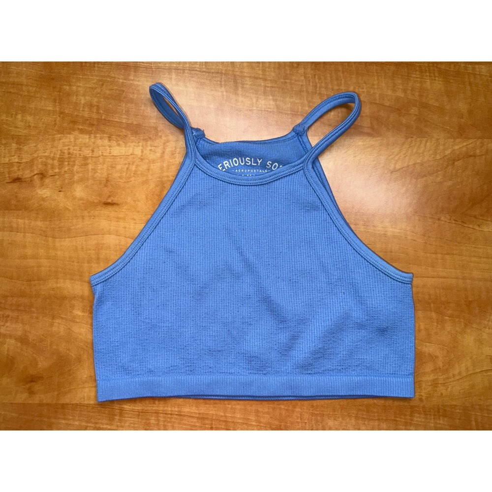 Aeropostale Seriously Soft Seamless Ribbed High Neck Crop Top Blue Medium